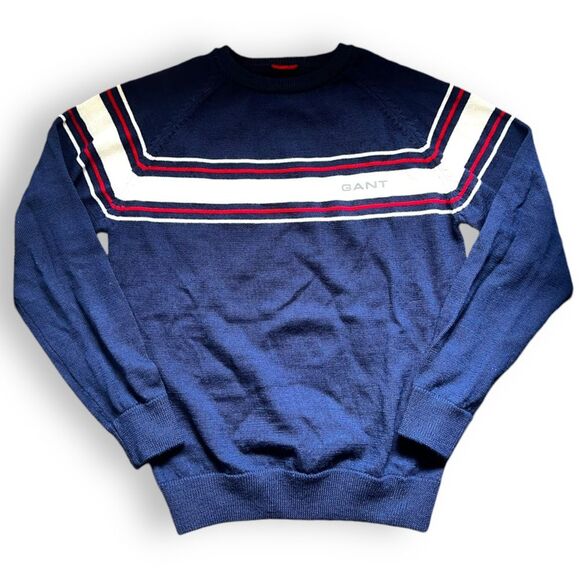 GANT Mens Wool Navy Blue Sweater Crewneck Long Sleeve Pullover Stripe Size L - Picture 1 of 10